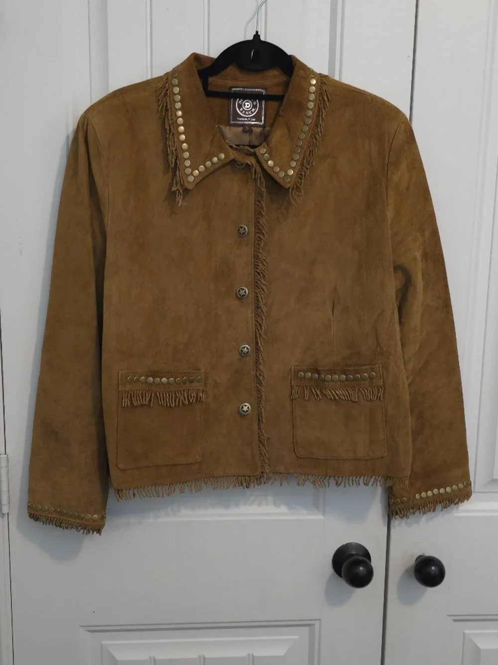 Double D Ranch Tan Brown Fringe & Studded Suede Leather Jacket - Woman's Size L - Picture 1 of 12